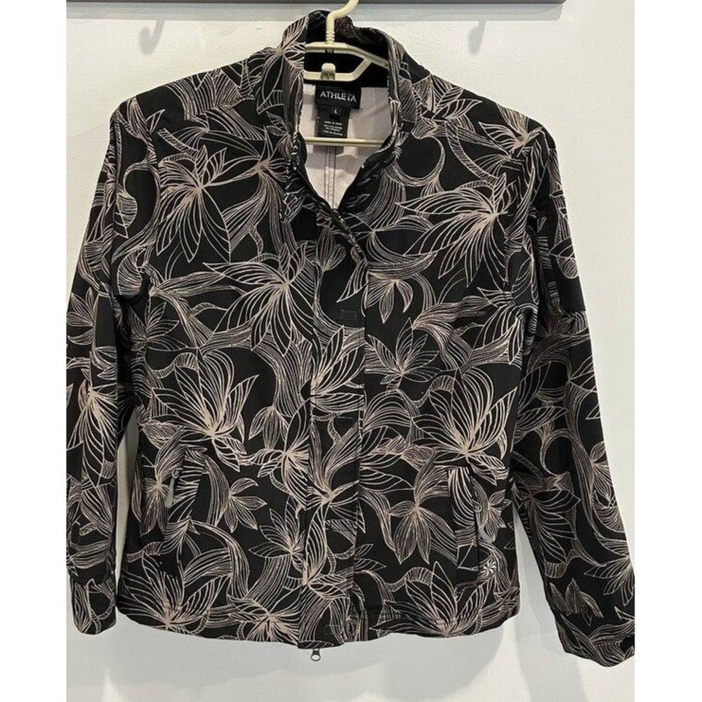 Athleta Odyssey Black Print Leaf Print Full Zip Magnetic Closure Jacket L